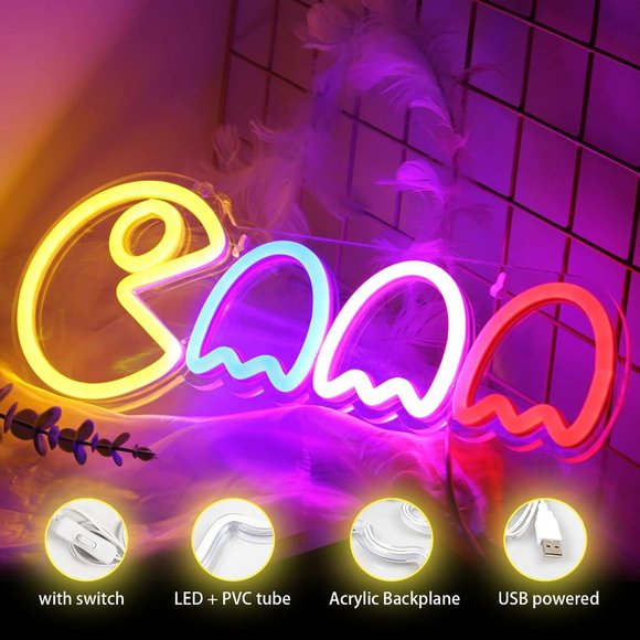 Neon Retro Pac Man LED Gamer Man Cave Cartoon Teen/Boys Room Wall Light Decor - Picture 4 of 6